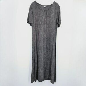 Eileen Fisher Maxi Dress Black Grey Ribbed Short Sleeve Lagenlook Linen Quality